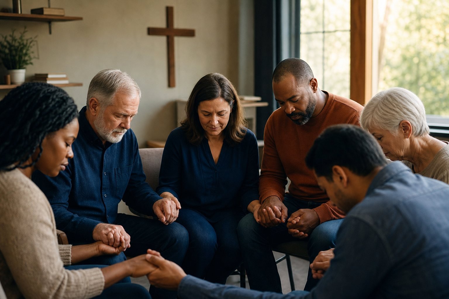 Adults gathered in a peaceful circle for community prayer