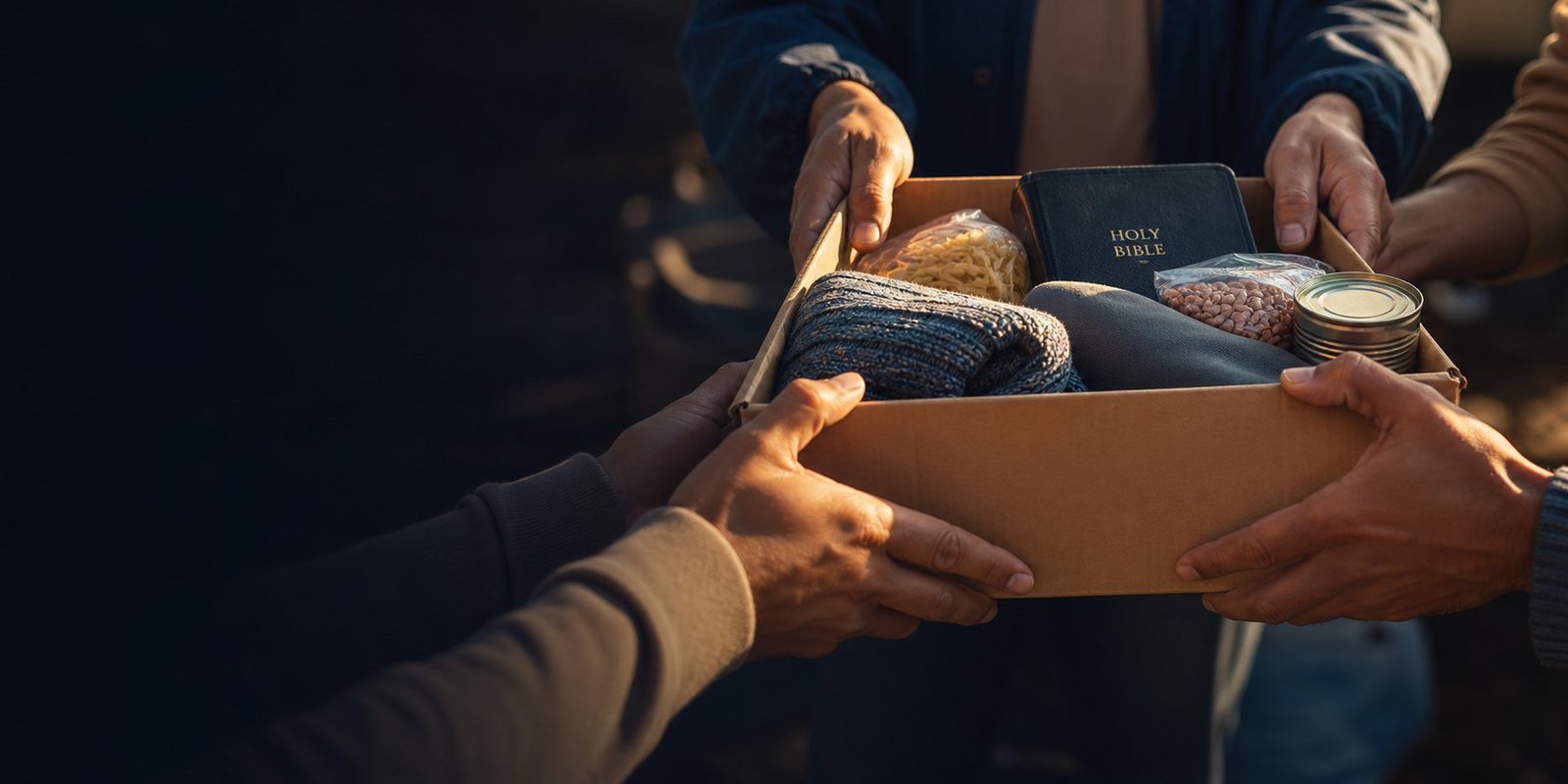 A care package being passed between helping hands