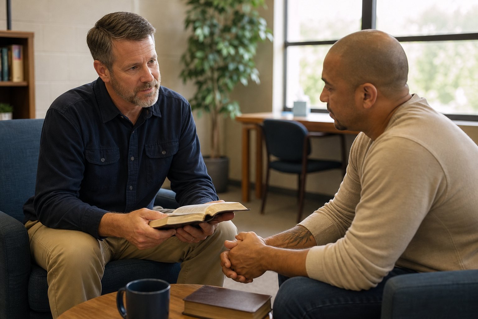 Two adults sharing a supportive Bible conversation